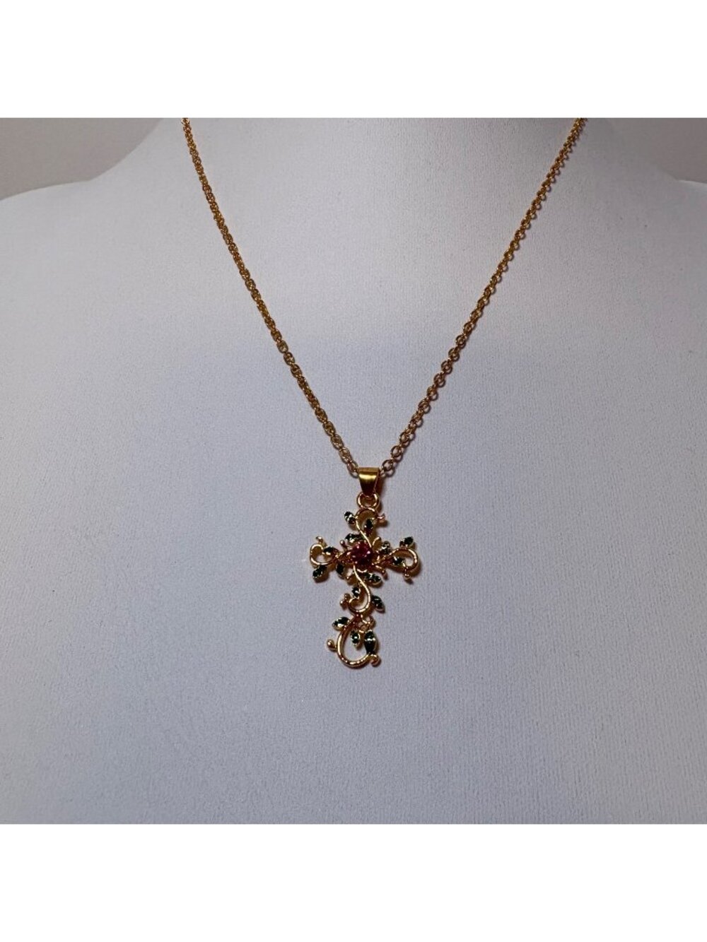 Gold Tone Cross Pendant Necklace Pink Rhinestone Green Leaves Chain 18.5 - 20 in